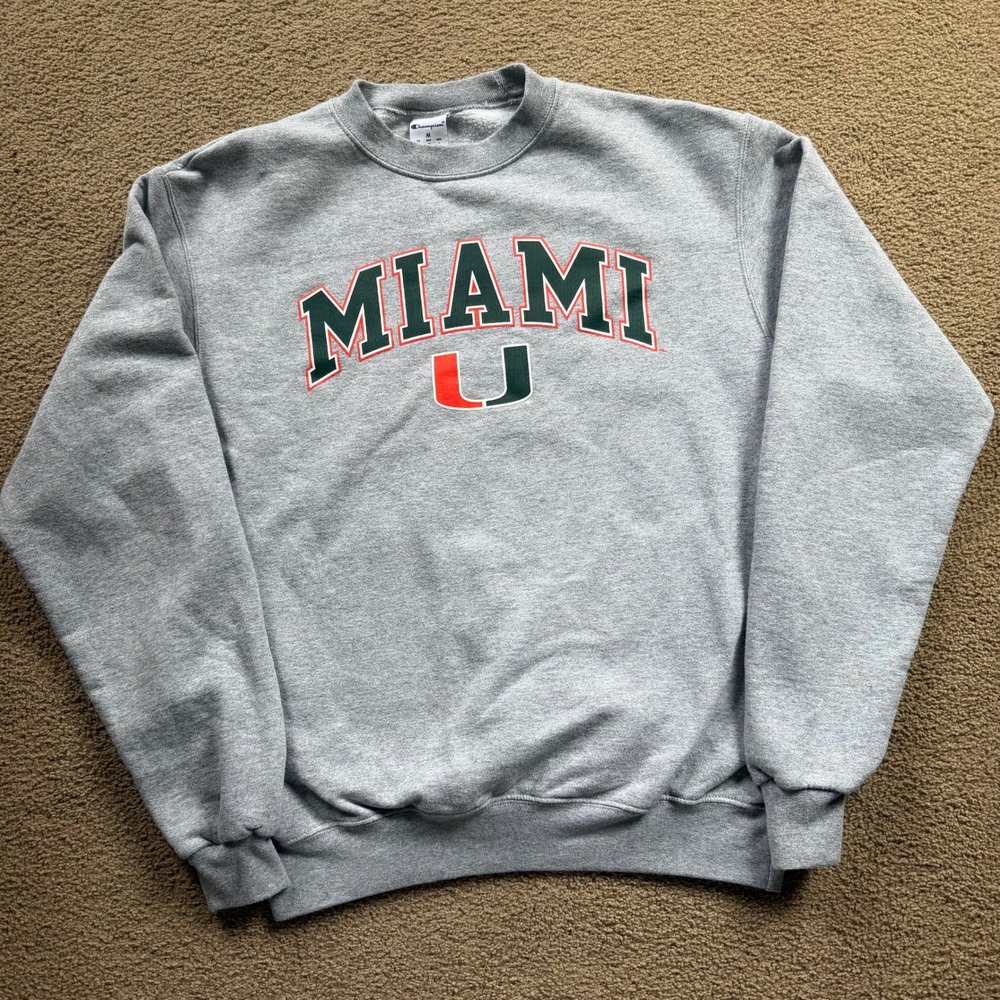Champion U Miami Crewneck Sweatshirt Men's Medium Gray Collegiate Wear